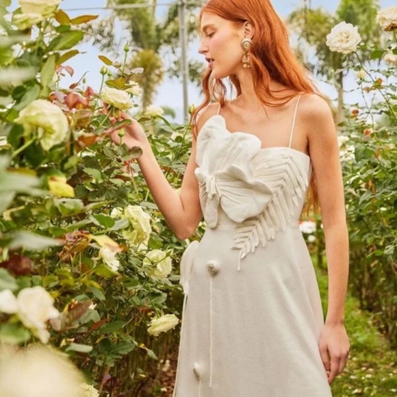 linen blend off the shoulder dress Lila Linen Blend Ruffled Neckline Off Shoulder Dress White / MEDIUM